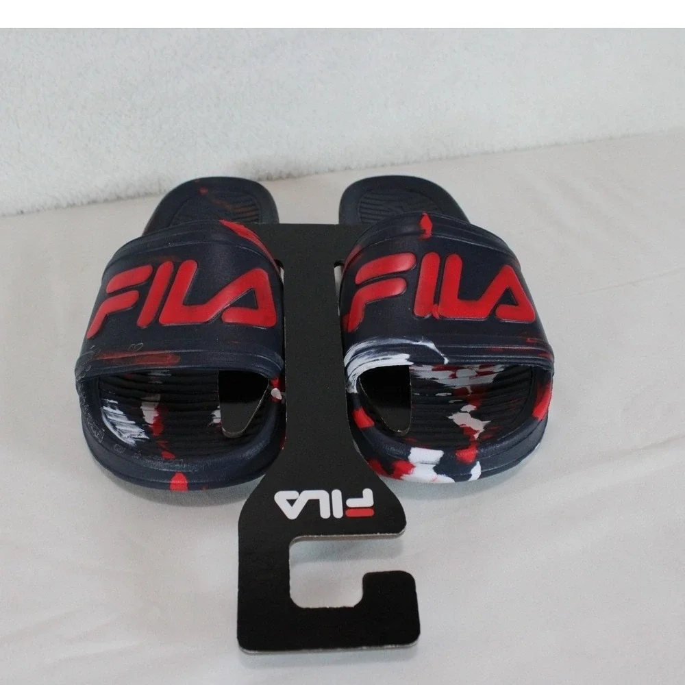 FILA Kids Sleek Marble Slide Sandals Navy Blue Red White Size 1 New‎